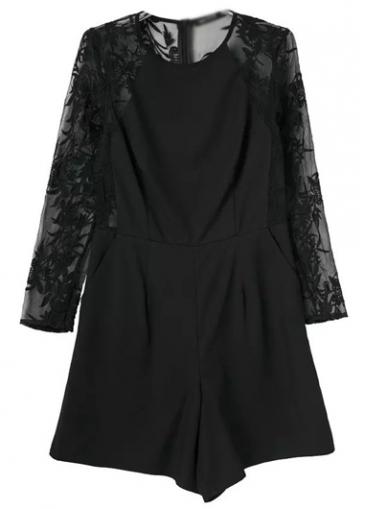 Rosewe Scoop Neck Black Organza Splicing Crochet Rompers