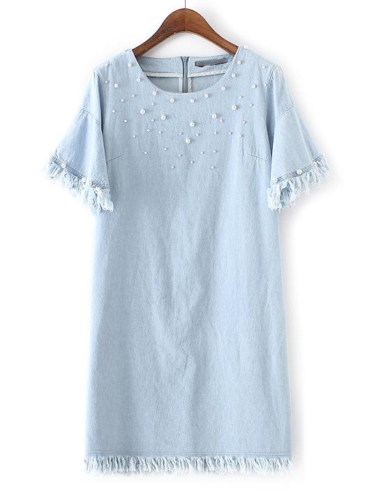 Shein Blue Raw-edge Hem Pearl Ornament Denim Dress