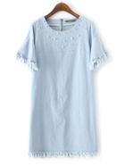 Shein Blue Raw-edge Hem Pearl Ornament Denim Dress