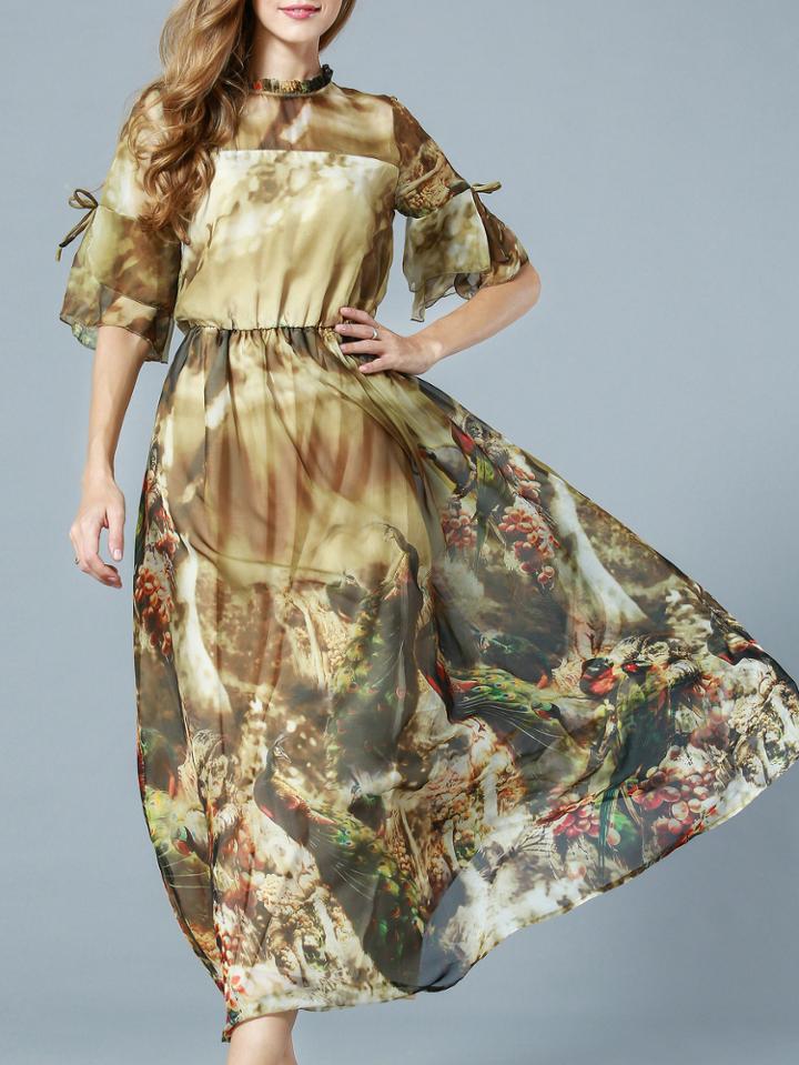 Shein Khaki Ruffle Sleeve Vintage Print Dress