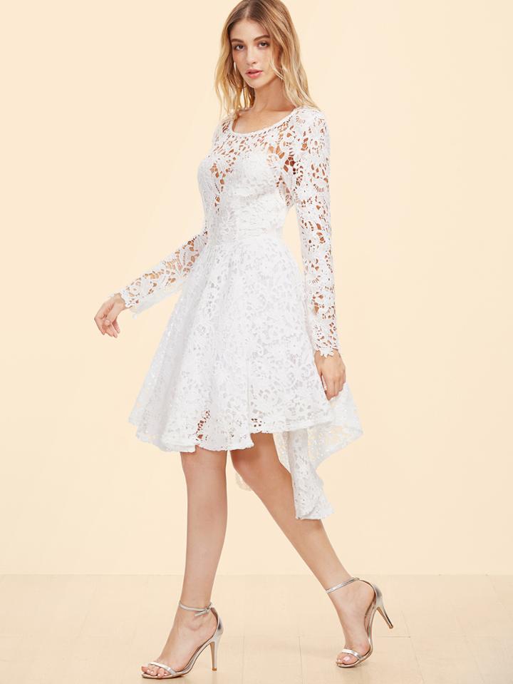 Shein White Embroidered Lace Overlay Open Back Skater Dress