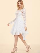 Shein White Embroidered Lace Overlay Open Back Skater Dress