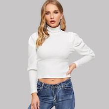 Shein Turtleneck Gigot Sleeve Ribbed Tee