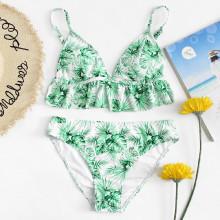 Shein Ruffle Hem Palm Leaf Print Bikini Set