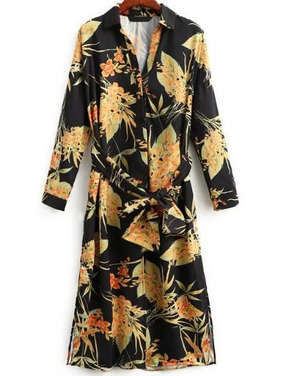 Shein Floral Print Self Tie Midi Shirt Dress