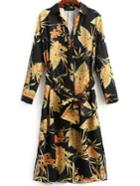Shein Floral Print Self Tie Midi Shirt Dress
