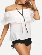 Shein Eyelash Lace Trimmed Off-the-shoulder White Blouse