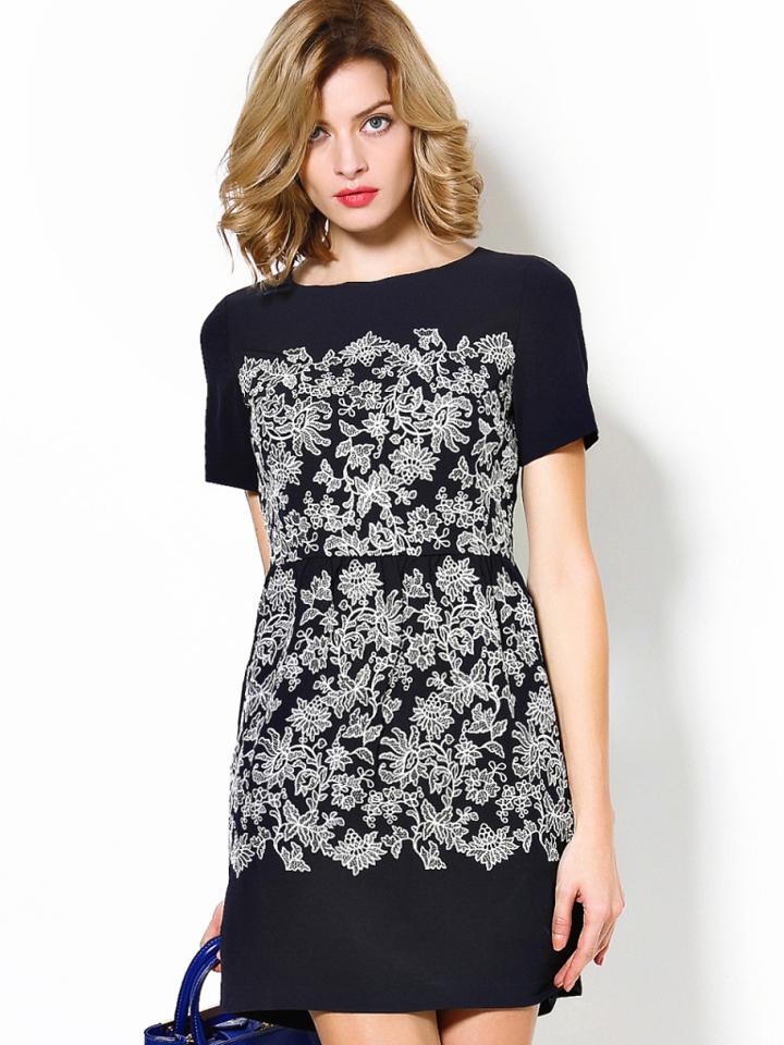 Shein Navy Round Neck Short Sleeve Embroidered Dress