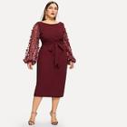Shein Plus Applique Mesh Sleeve Pencil Dress With Belt