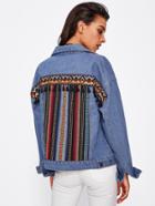 Shein Tassel Embroidered Back Drop Shoulder Denim Jacket