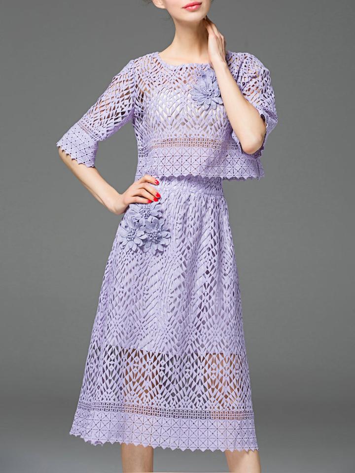 Shein Purple Flowers Applique Hollow Top With Skirt