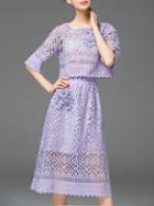 Shein Purple Flowers Applique Hollow Top With Skirt