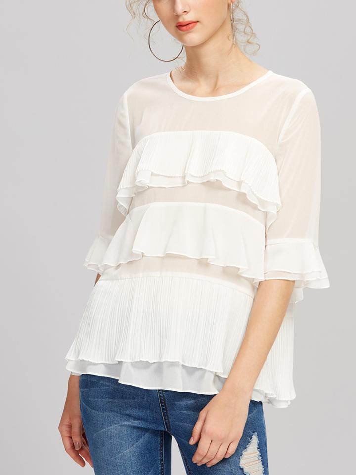 Shein Fluted Sleeve Pleated Flounce Semi Sheer Top