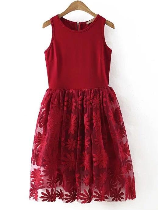 Shein Red Sunflower Embroidery Zipper Skater Dress
