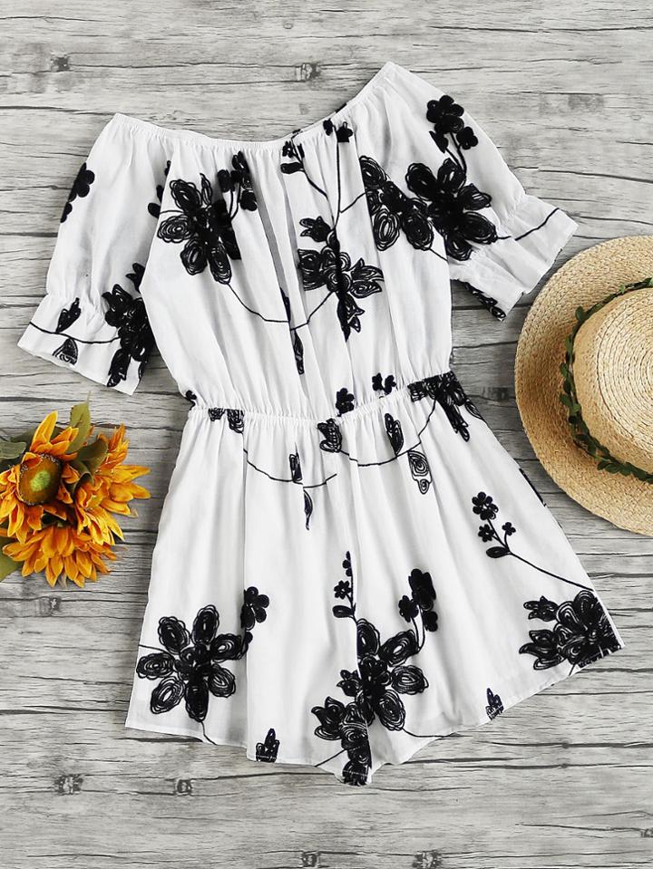 Shein Botanical Embroidered Trumpet Sleeve Blouson Romper