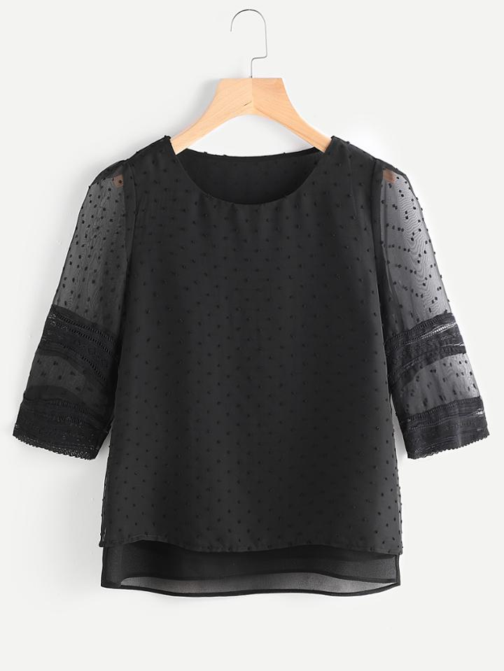 Shein Lace Insert Hollow Out Dobby Chiffon Overlay Blouse