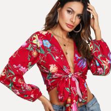 Shein Floral Print Knot Front Crop Kimono