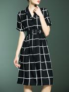Shein Black V Neck Belted Check A-line Dress