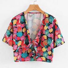 Shein All Over Florals Knot Crop Blouse
