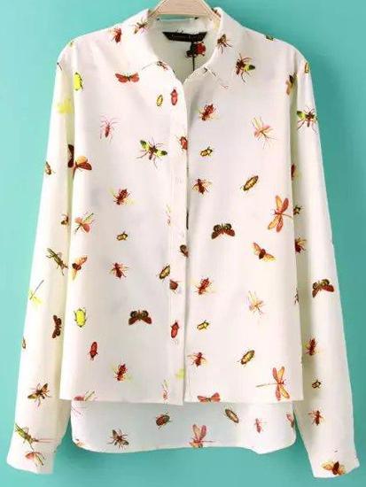 Shein Multicolor Lapel Insect Print Dip Hem Blouse