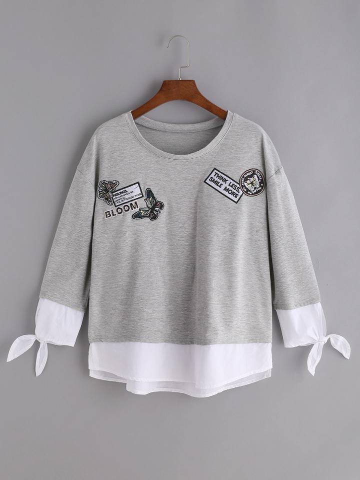 Shein Heather Grey Embroidered Drop Shoulder Contrast Hem T-shirt