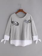 Shein Heather Grey Embroidered Drop Shoulder Contrast Hem T-shirt