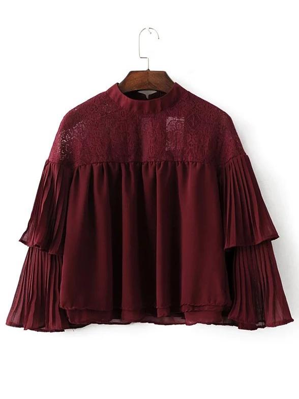 Shein Band Collar Layered Ruffle Sleeve Chiffon Blouse