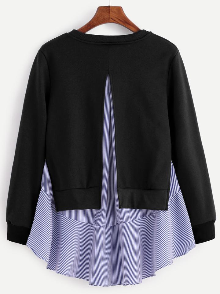 Shein Black Striped Ruffle Detail 2 In 1 Sweatshirt