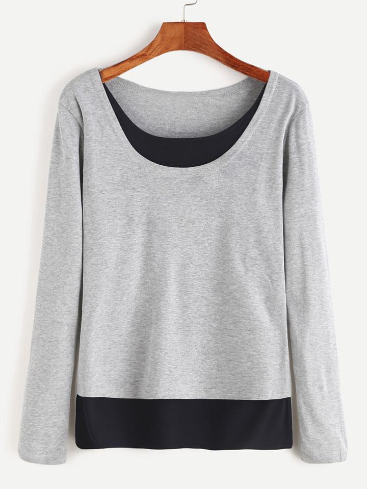Shein Grey Round Neck Contrast Hem T-shirt