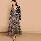 Shein Wrap Leopard Print Polka Dot Belted Dress