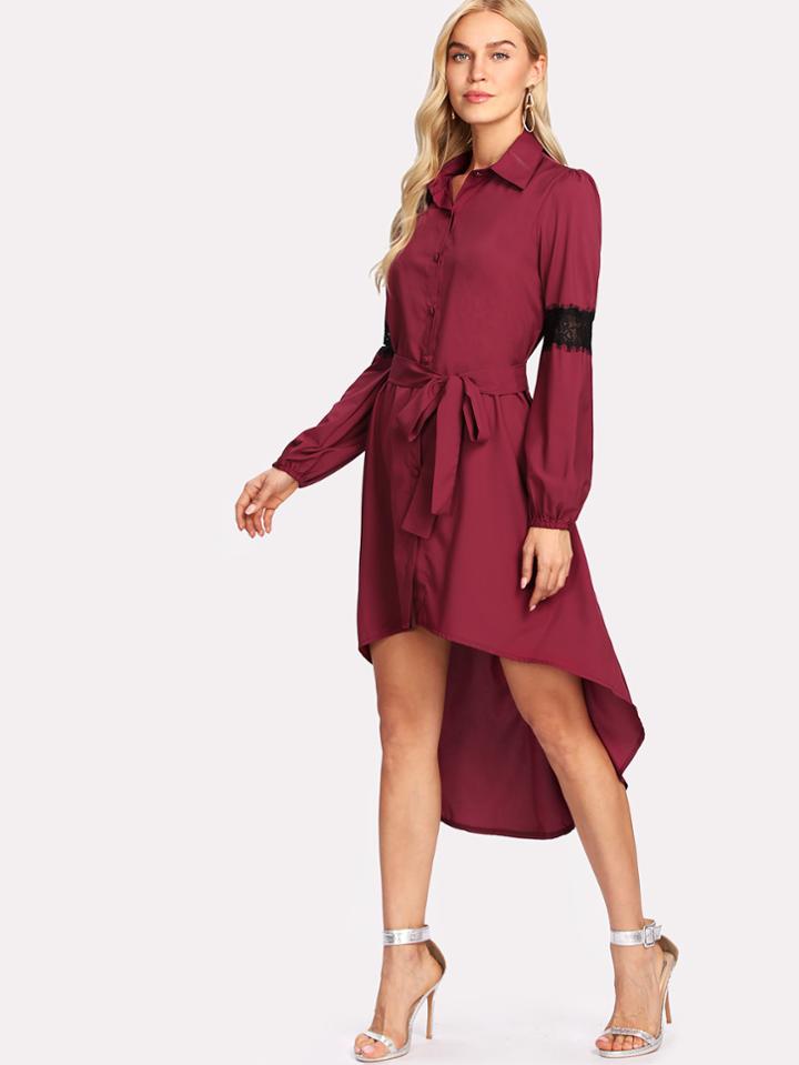 Shein Contrast Lace Dip Hem Shirt Dress