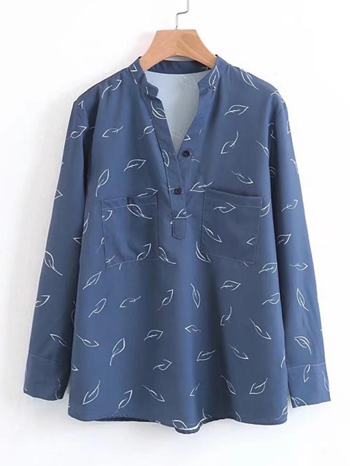 Shein Leaf Print Front Pocket Blouse