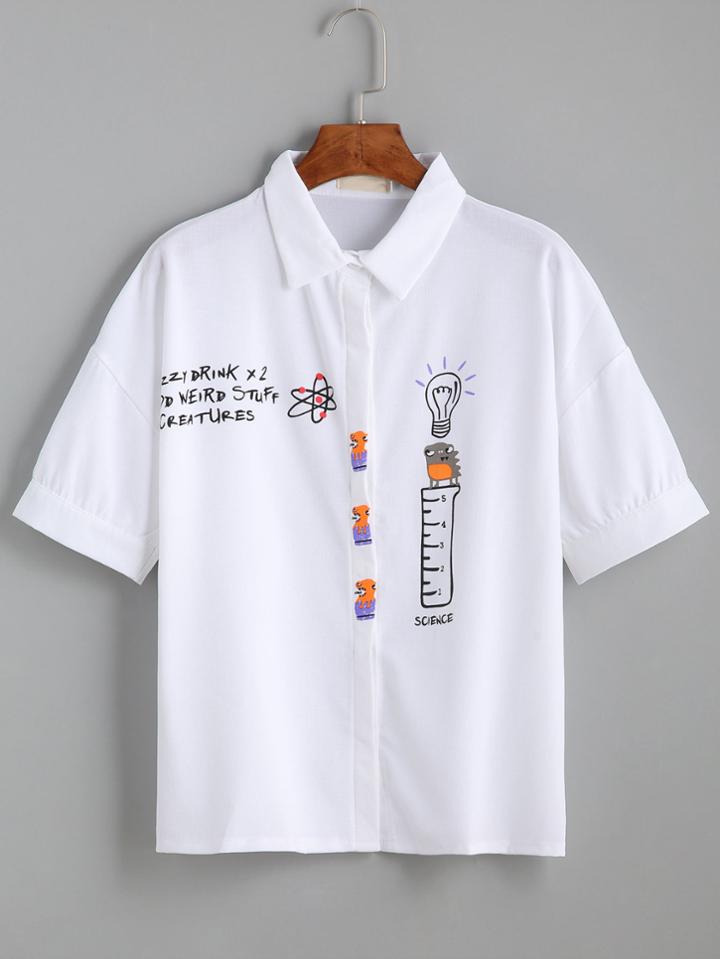 Shein White Cartoon Print Short Sleeve Chiffon Blouse