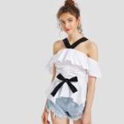 Shein Ruched Drawstring Front Ruffle Halter Blouse