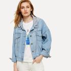 Shein Light Wash Boyfriend Denim Jacket With Detachable Hood