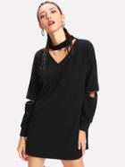 Shein V Cut Choker Neck Zip Detail Textured Dress