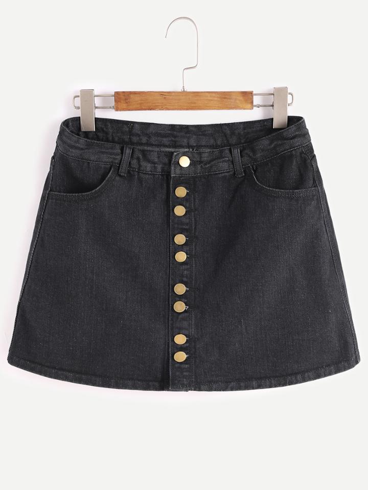 Shein Black Single Breasted Denim Skirt