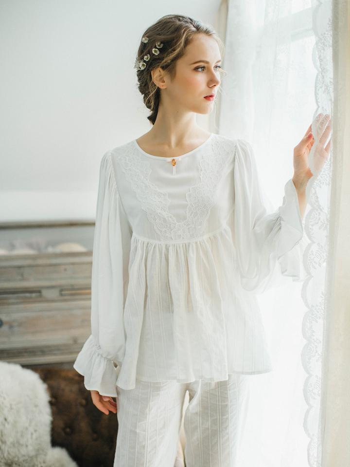 Shein Contrast Lace Ruffle Trim Babydoll Top & Pants Pj Set