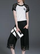 Shein Black White Lace Top With Pockets Pants