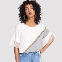 Shein Sheer Mesh Sleeve Striped Tape Tee