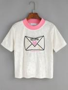 Shein Mail Patch Contrast Neck Velvet White T-shirt