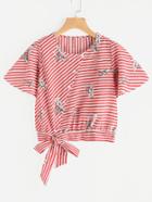 Shein Crane Print Striped Tie Hem Button Front Top