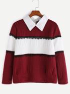Shein Color Block Doll Collar Letter Embossed Lace Trim Sweatshirt