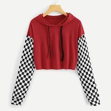Shein Gingham Panel Drawstring Hooded Tee