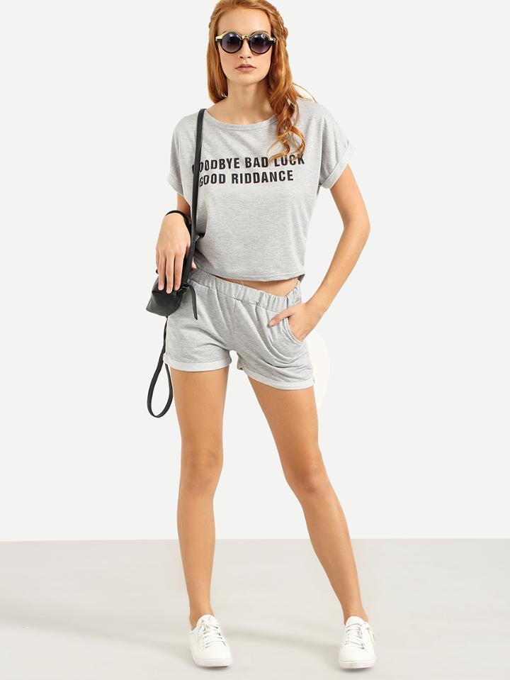Shein Letter Print T-shirt With Shorts - Grey