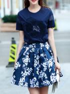 Shein Navy Embroidered Beading Top With Print Skirt
