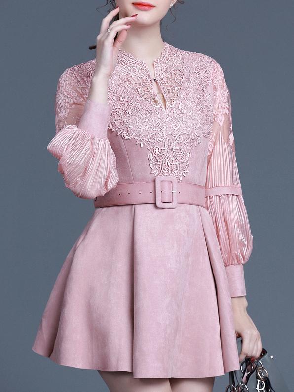 Shein Pink Round Neck Long Sleeve Drawstring Embroidered Dress