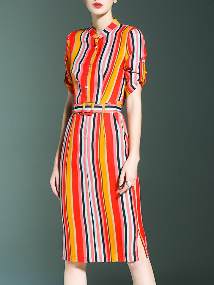 Shein Multicolor Striped Belted Pockets Split Sheath Dress