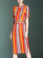 Shein Multicolor Striped Belted Pockets Split Sheath Dress