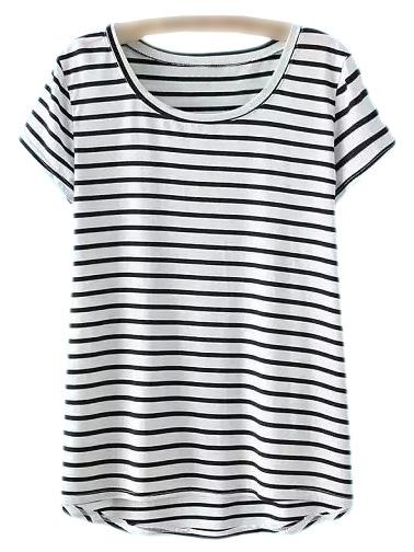 Shein White Dipped Hem Short Sleeve Stripe T-shirt